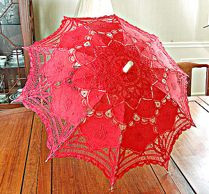 Red battenburg lace parasols. 16" ( 32" Full Open)